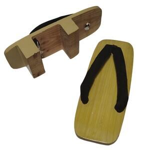 Vintage Traditional Geta Clogs Sandals Brown Wood Black Velvet Thongs Size 10.5